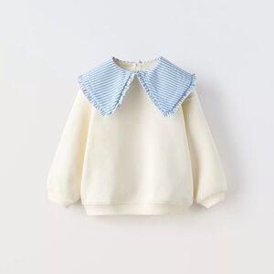 Zara Cream Sweatshirt with Blue Striped Collar